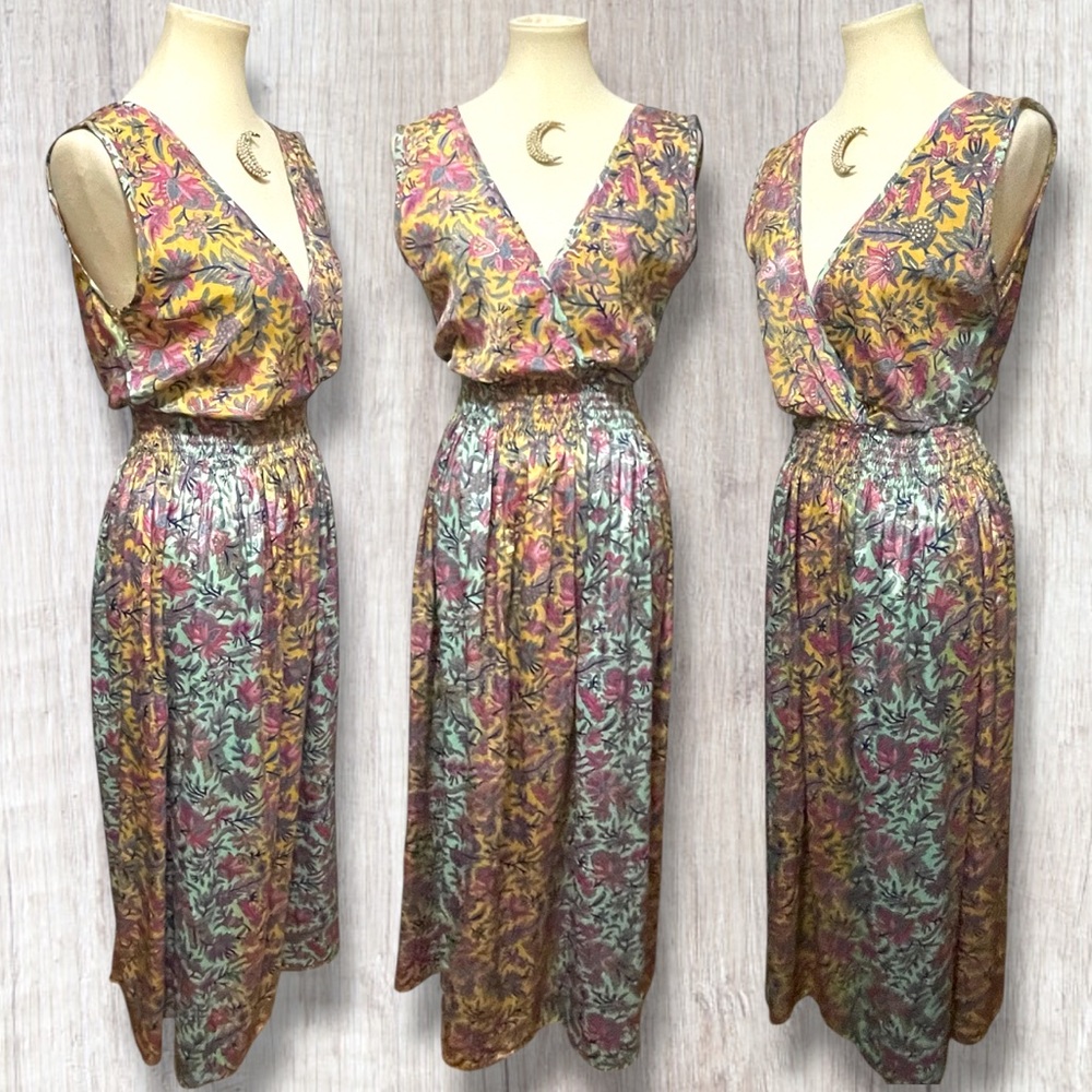 Cienna Silk Blend Floral Metallic Details Caitlyn V-Neckline Maxi Dress SM EUC